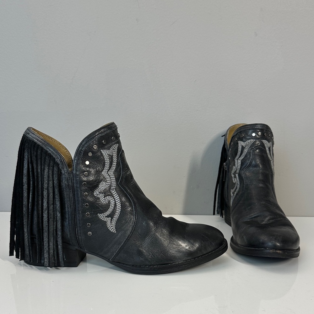 Black Leather Fringe Studded Cowboy Ankle Boots